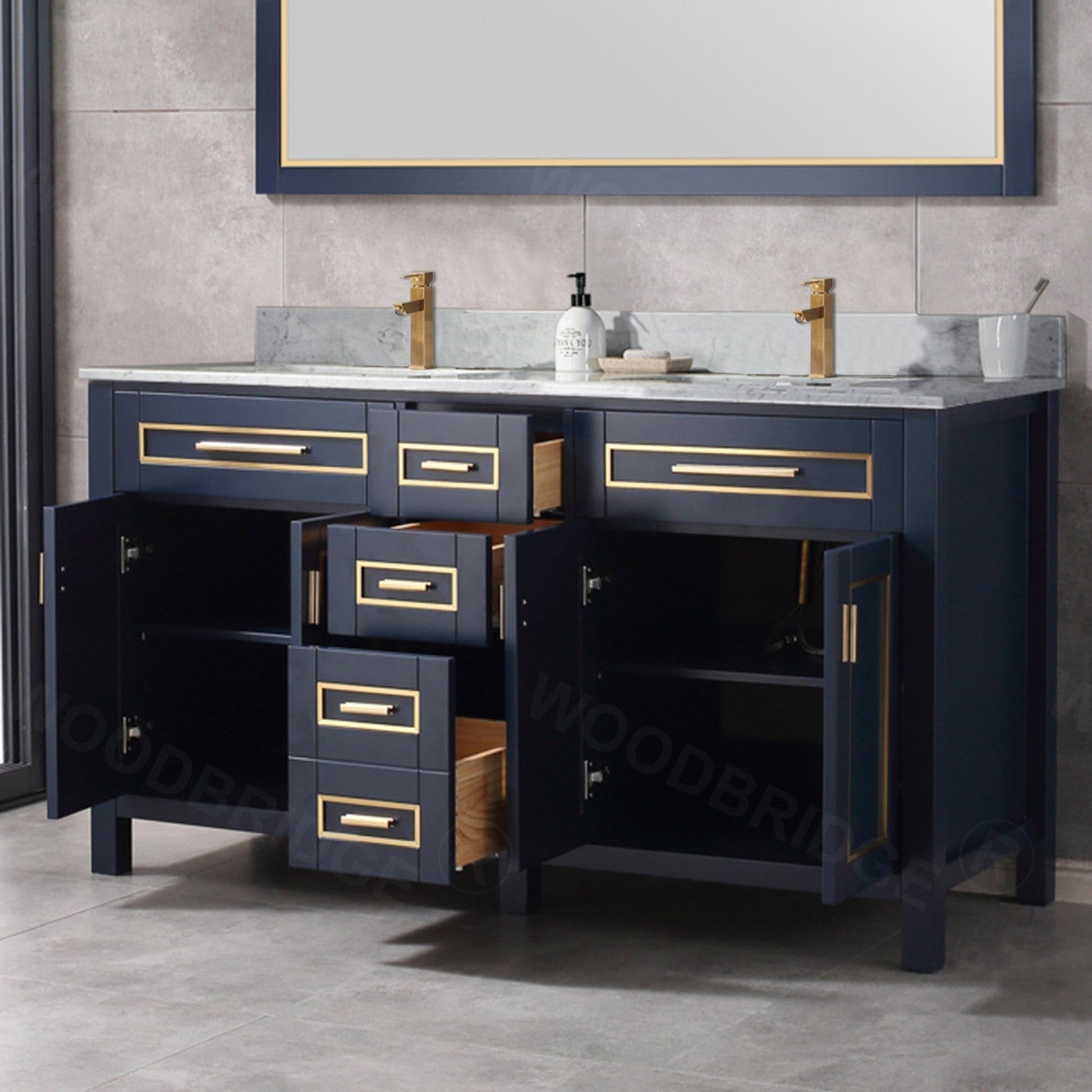 Woodbridge Milan 61" Navy Blue Solid Wood Vanity Base and Carrara White Marble Top, Single Basin With Pre-Drilled Single Faucet Hole