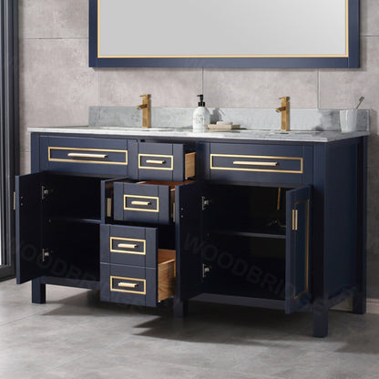 Woodbridge Milan 61" Navy Blue Solid Wood Vanity Base and Carrara White Marble Top, Single Basin With Pre-Drilled Single Faucet Hole