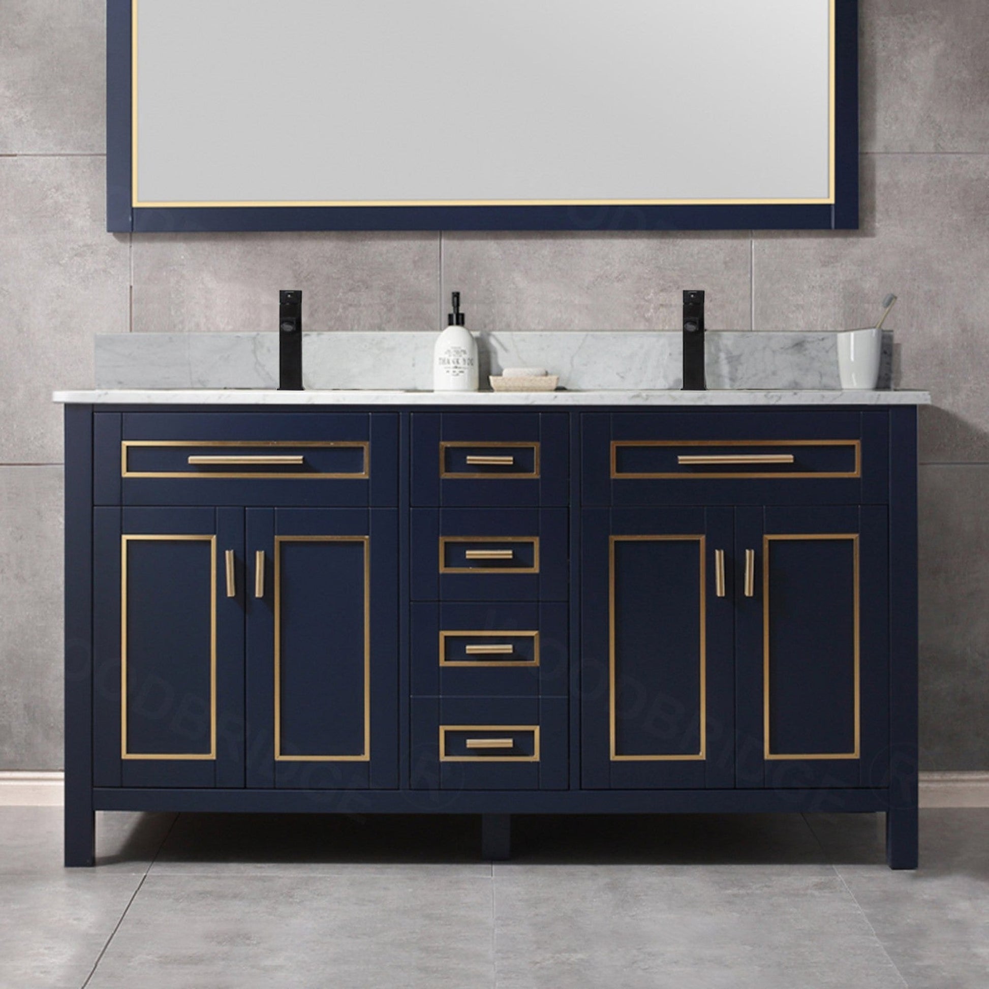 Woodbridge Milan 61" Navy Blue Solid Wood Vanity Base and Carrara White Marble Top, Single Basin With Pre-Drilled Single Faucet Hole