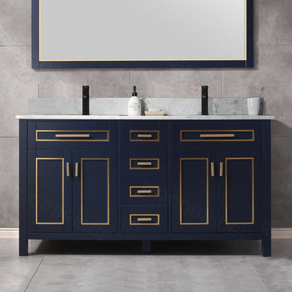 Woodbridge Milan 61" Navy Blue Solid Wood Vanity Base and Carrara White Marble Top, Single Basin With Pre-Drilled Single Faucet Hole