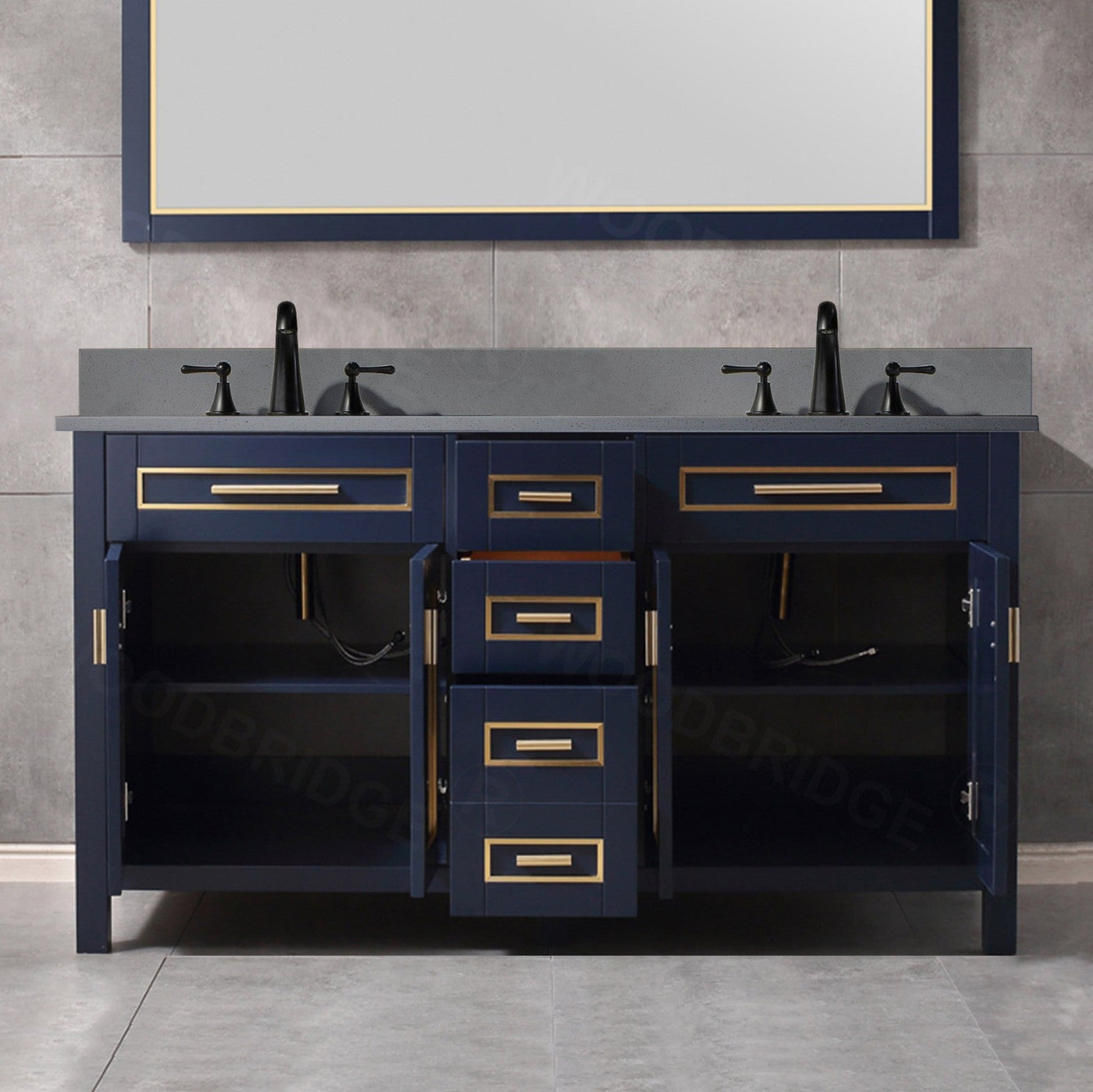 Woodbridge Milan 61" Navy Blue Solid Wood Vanity Base and Dark Gray Engineered Stone Composite Top, Single Basin With Pre-Drilled 3-Hole for 4" Centerset Faucet