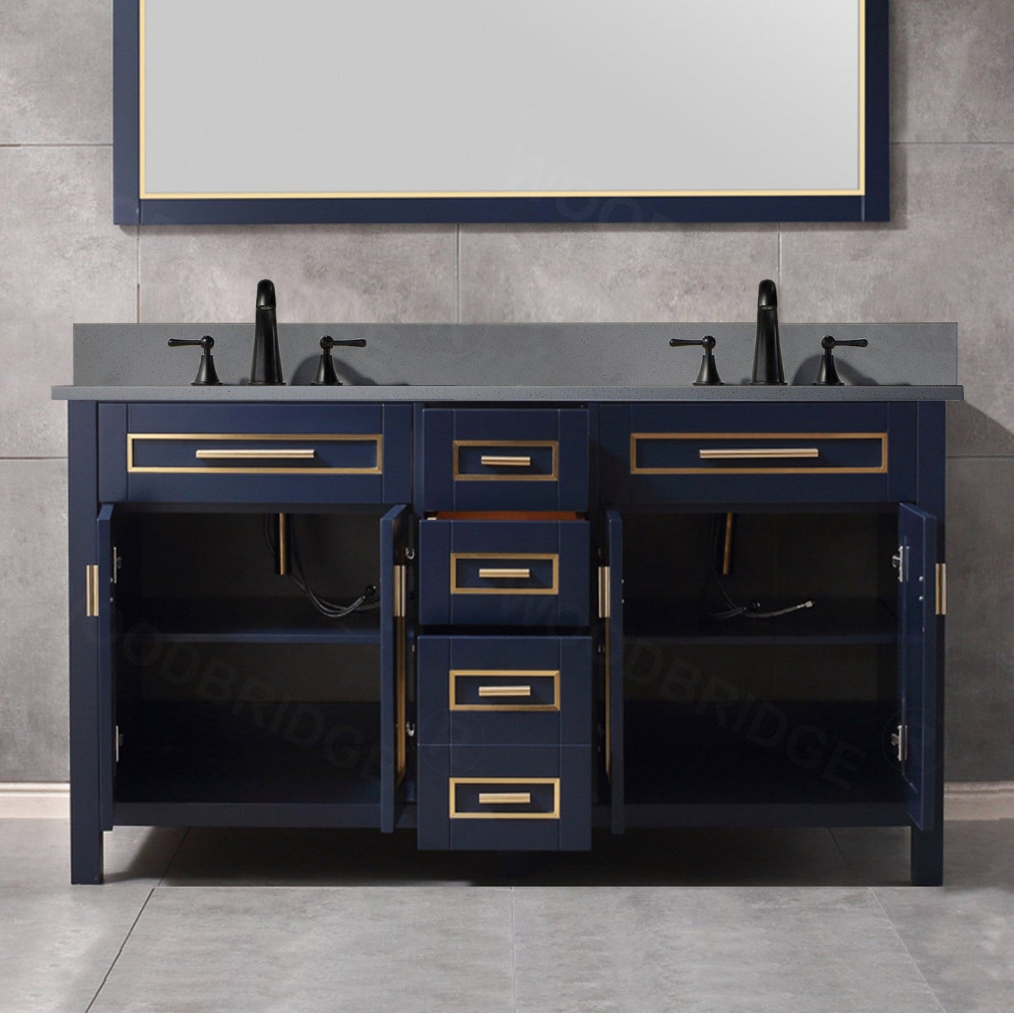 Woodbridge Milan 61" Navy Blue Solid Wood Vanity Base and Dark Gray Engineered Stone Composite Top, Single Basin With Pre-Drilled 3-Hole for 8" Widespread Faucet