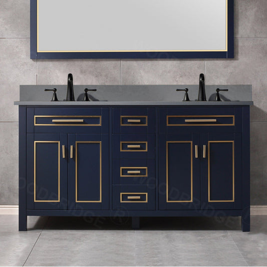 Woodbridge Milan 61" Navy Blue Solid Wood Vanity Base and Dark Gray Engineered Stone Composite Top, Single Basin With Pre-Drilled 3-Hole for 8" Widespread Faucet