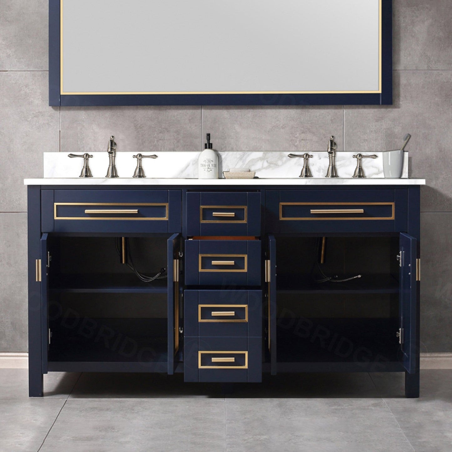 Woodbridge Milan 61" Navy Blue Solid Wood Vanity Base and White Fish Belly Engineered Stone Composite Top, Single Basin With Pre-Drilled 3-Hole for 4" Centerset Faucet