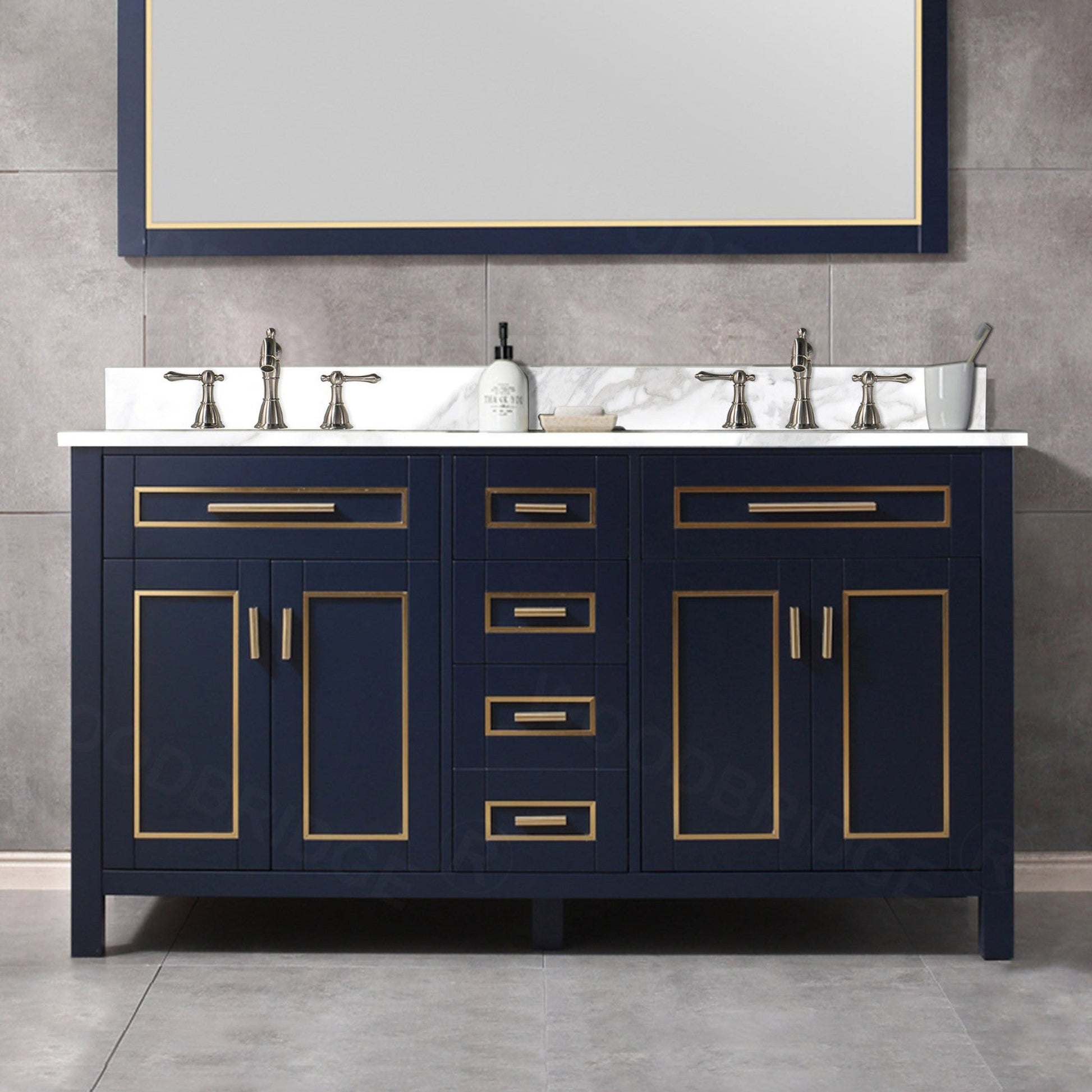 Woodbridge Milan 61" Navy Blue Solid Wood Vanity Base and White Fish Belly Engineered Stone Composite Top, Single Basin With Pre-Drilled 3-Hole for 4" Centerset Faucet