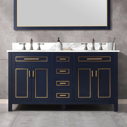 Woodbridge Milan 61" Navy Blue Solid Wood Vanity Base and White Fish Belly Engineered Stone Composite Top, Single Basin With Pre-Drilled 3-Hole for 4" Centerset Faucet