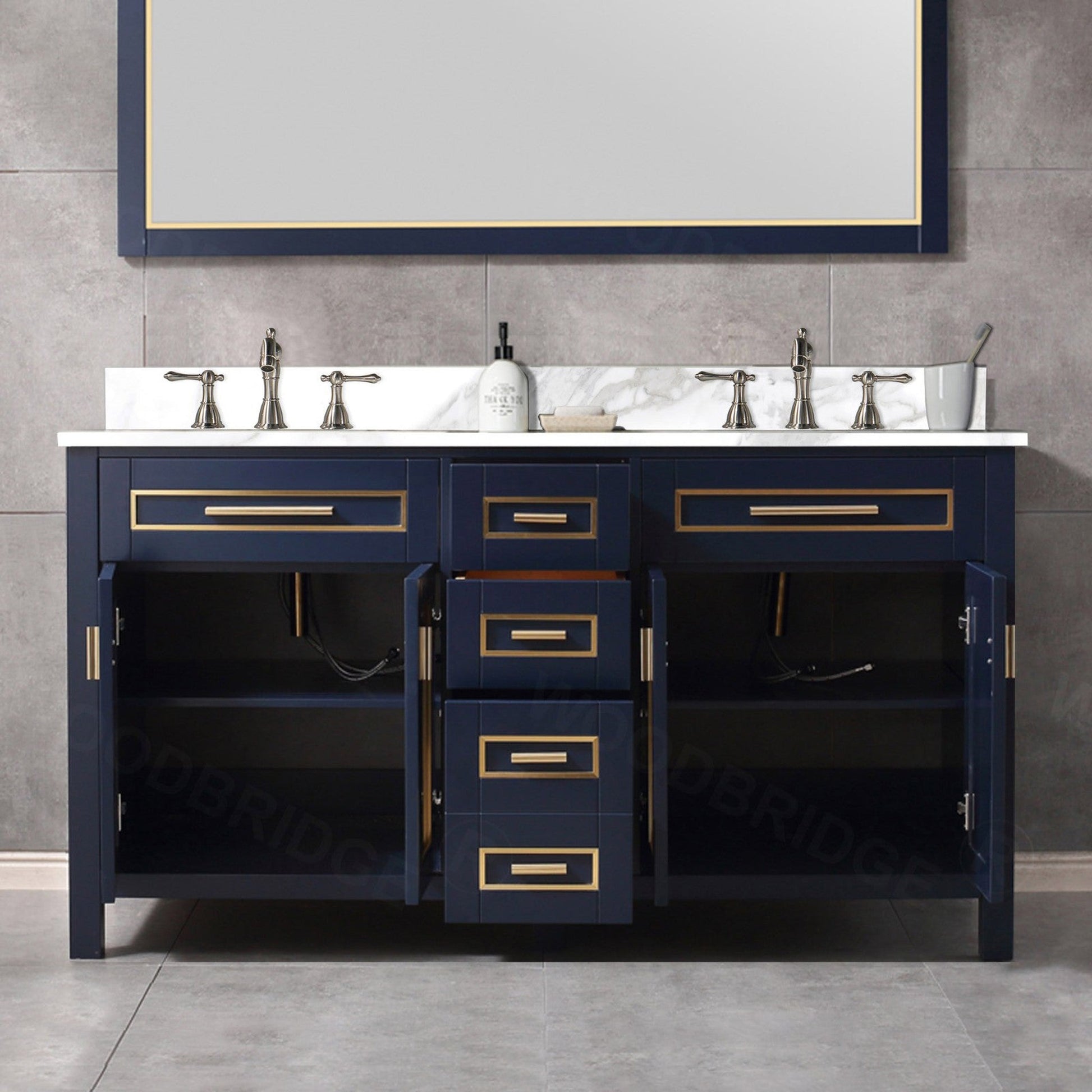 Woodbridge Milan 61" Navy Blue Solid Wood Vanity Base and White Fish Belly Engineered Stone Composite Top, Single Basin With Pre-Drilled 3-Hole for 8" Widespread Faucet