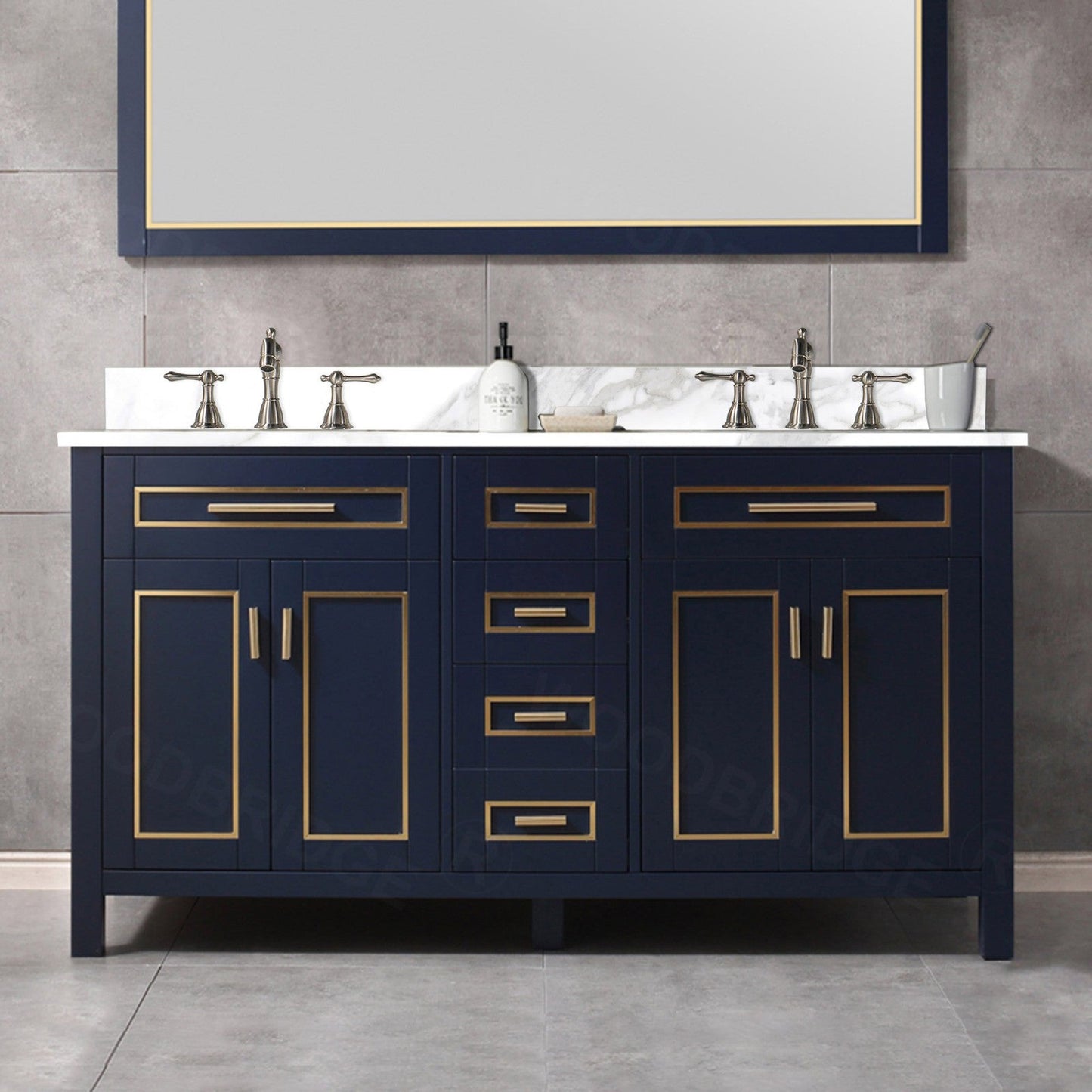 Woodbridge Milan 61" Navy Blue Solid Wood Vanity Base and White Fish Belly Engineered Stone Composite Top, Single Basin With Pre-Drilled 3-Hole for 8" Widespread Faucet