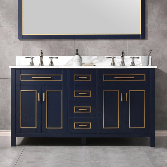 Woodbridge Milan 61" Navy Blue Solid Wood Vanity Base and White Fish Belly Engineered Stone Composite Top, Single Basin With Pre-Drilled 3-Hole for 8" Widespread Faucet