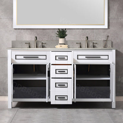 Woodbridge Milan 61" White Solid Wood Vanity Base and Carrara White Engineered Stone Composite Top, Single Basin With Pre-Drilled 3-Hole for 8" Widespread Faucet