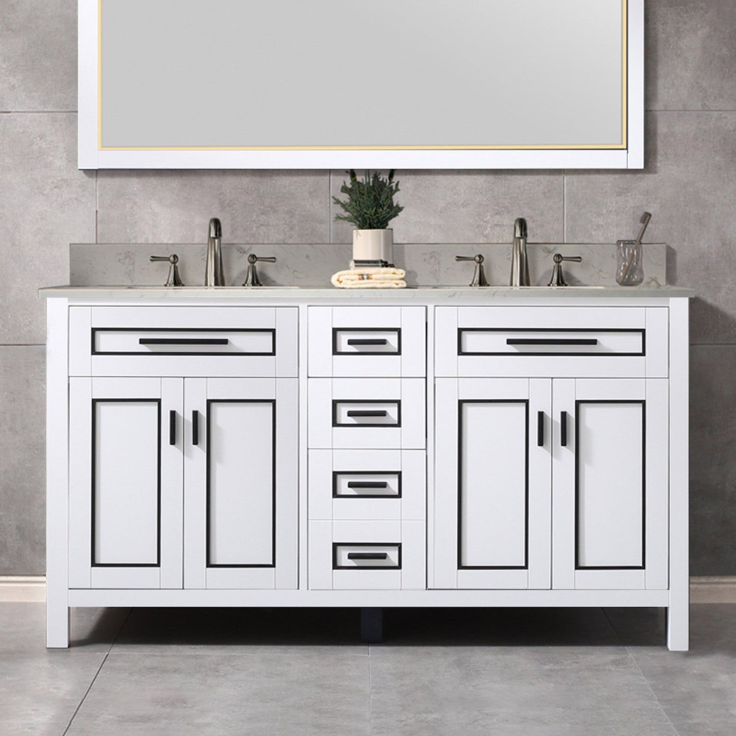 Woodbridge Milan 61" White Solid Wood Vanity Base and Carrara White Engineered Stone Composite Top, Single Basin With Pre-Drilled 3-Hole for 8" Widespread Faucet