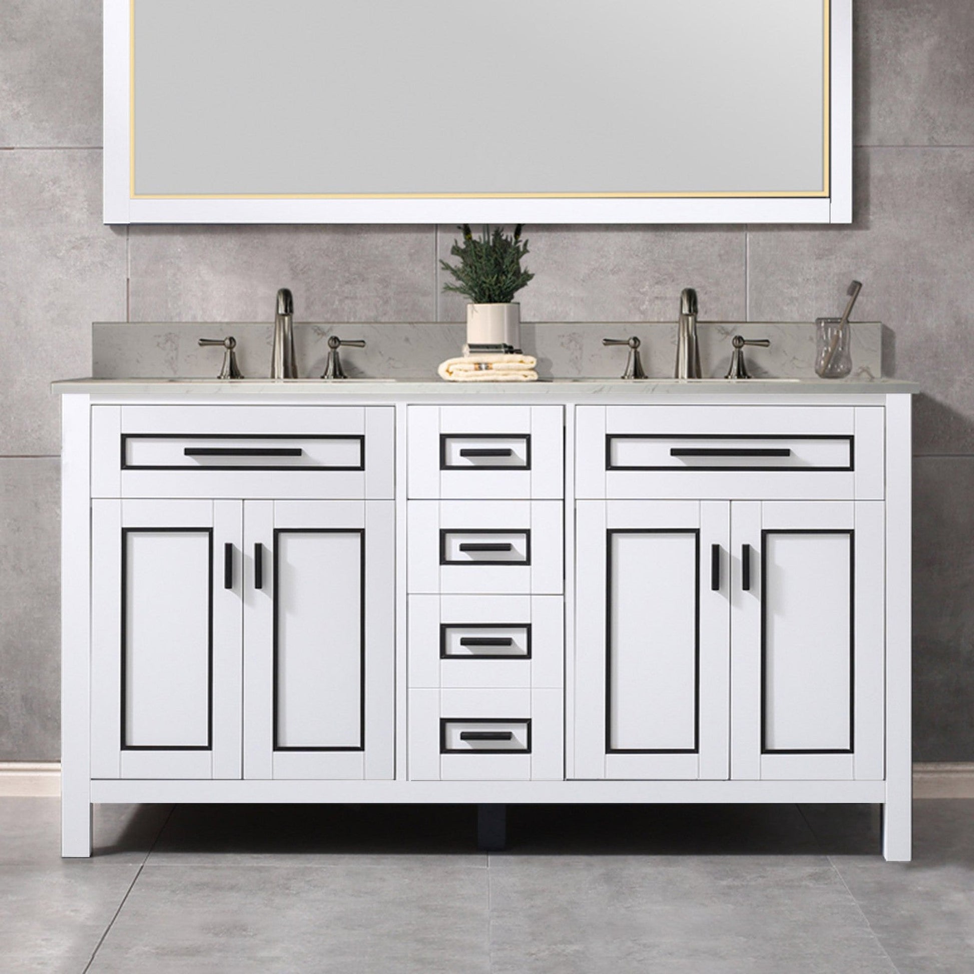 Woodbridge Milan 61" White Solid Wood Vanity Base and Carrara White Engineered Stone Composite Top, Single Basin With Pre-Drilled 3-Hole for 8" Widespread Faucet