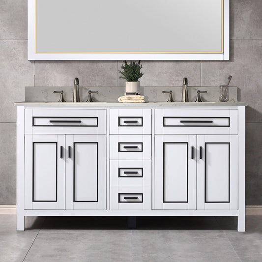 Woodbridge Milan 61" White Solid Wood Vanity Base and Carrara White Engineered Stone Composite Top, Single Basin With Pre-Drilled 3-Hole for 8" Widespread Faucet
