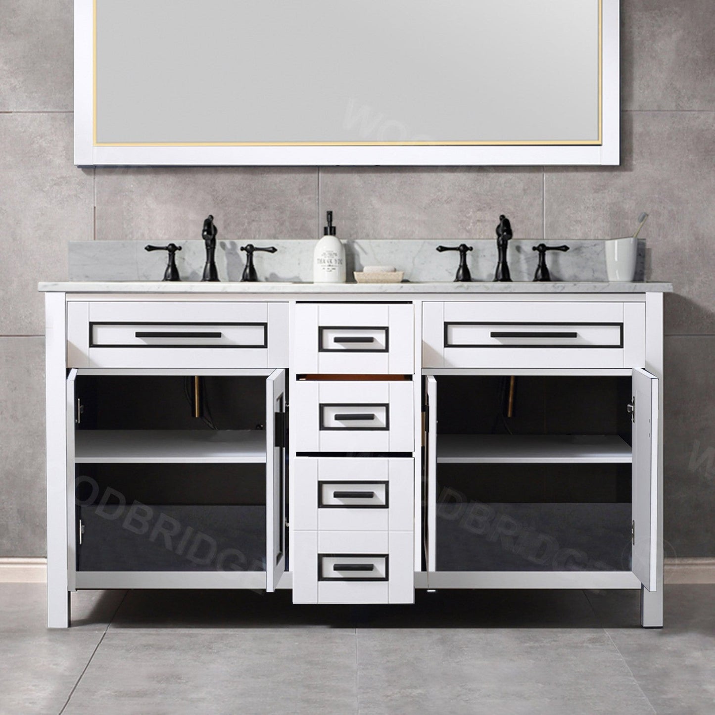 Woodbridge Milan 61" White Solid Wood Vanity Base and Carrara White Marble Top, Single Basin With Pre-Drilled 3-Hole for 4" Centerset Faucet