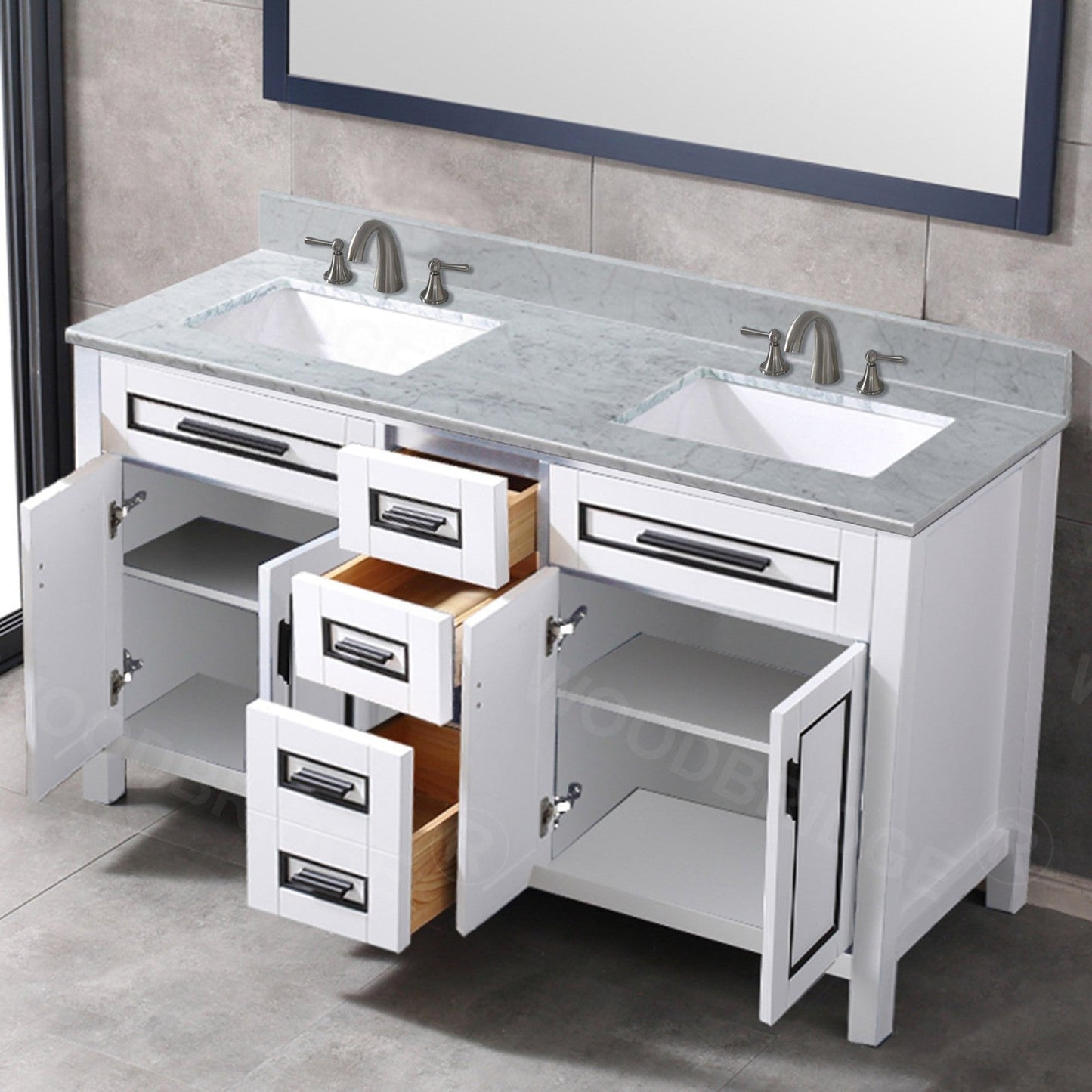 Woodbridge Milan 61" White Solid Wood Vanity Base and Carrara White Marble Top, Single Basin With Pre-Drilled 3-Hole for 4" Centerset Faucet