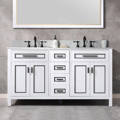 Woodbridge Milan 61" White Solid Wood Vanity Base and Carrara White Marble Top, Single Basin With Pre-Drilled 3-Hole for 4" Centerset Faucet
