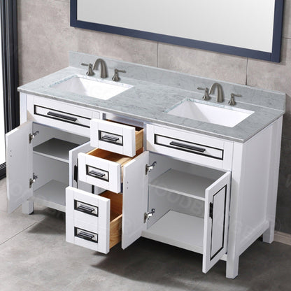 Woodbridge Milan 61" White Solid Wood Vanity Base and Carrara White Marble Top, Single Basin With Pre-Drilled Holes for 8" Widespread Faucet