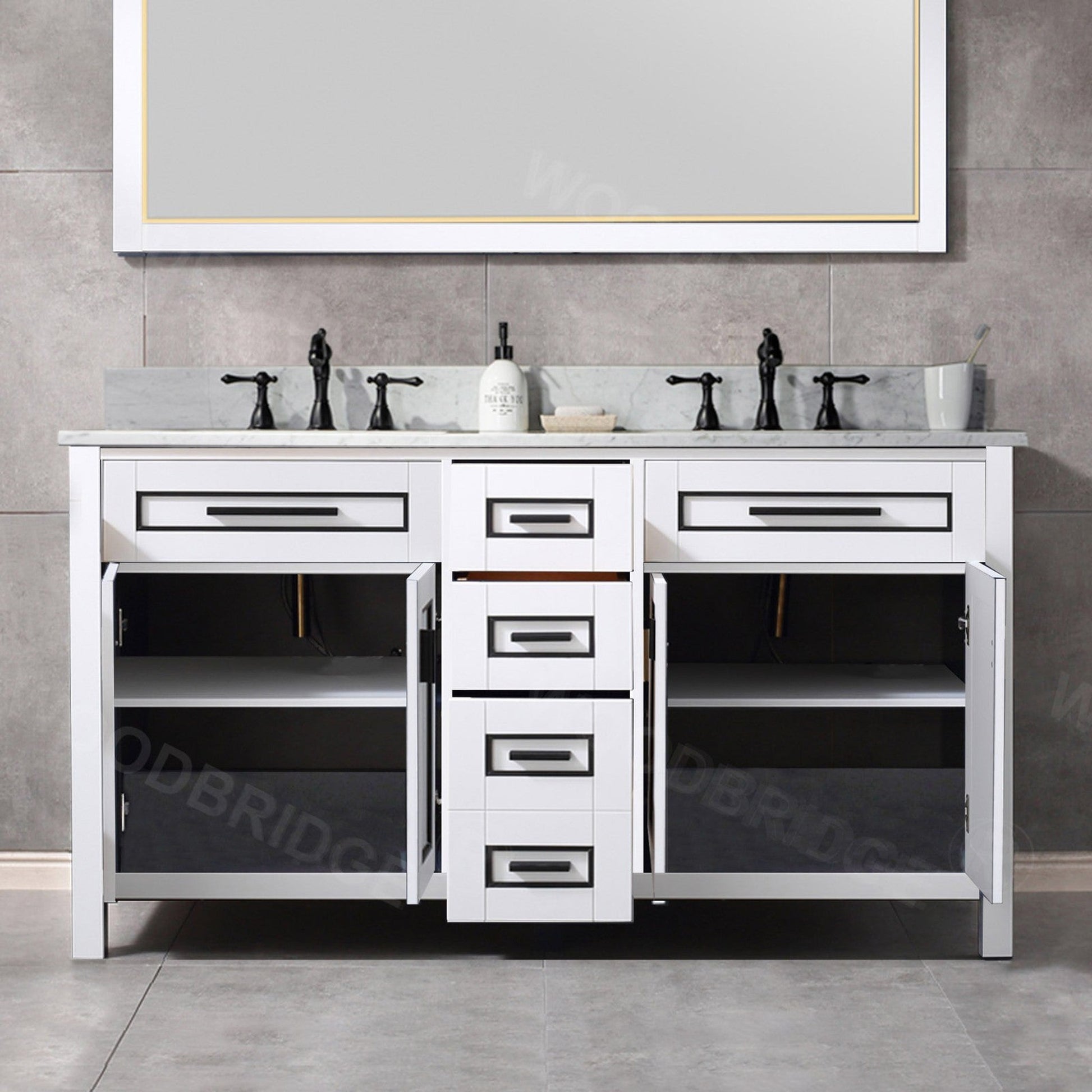 Woodbridge Milan 61" White Solid Wood Vanity Base and Carrara White Marble Top, Single Basin With Pre-Drilled Holes for 8" Widespread Faucet