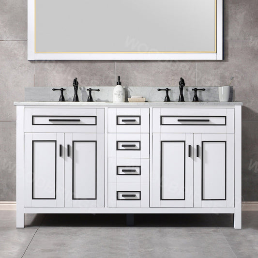 Woodbridge Milan 61" White Solid Wood Vanity Base and Carrara White Marble Top, Single Basin With Pre-Drilled Holes for 8" Widespread Faucet