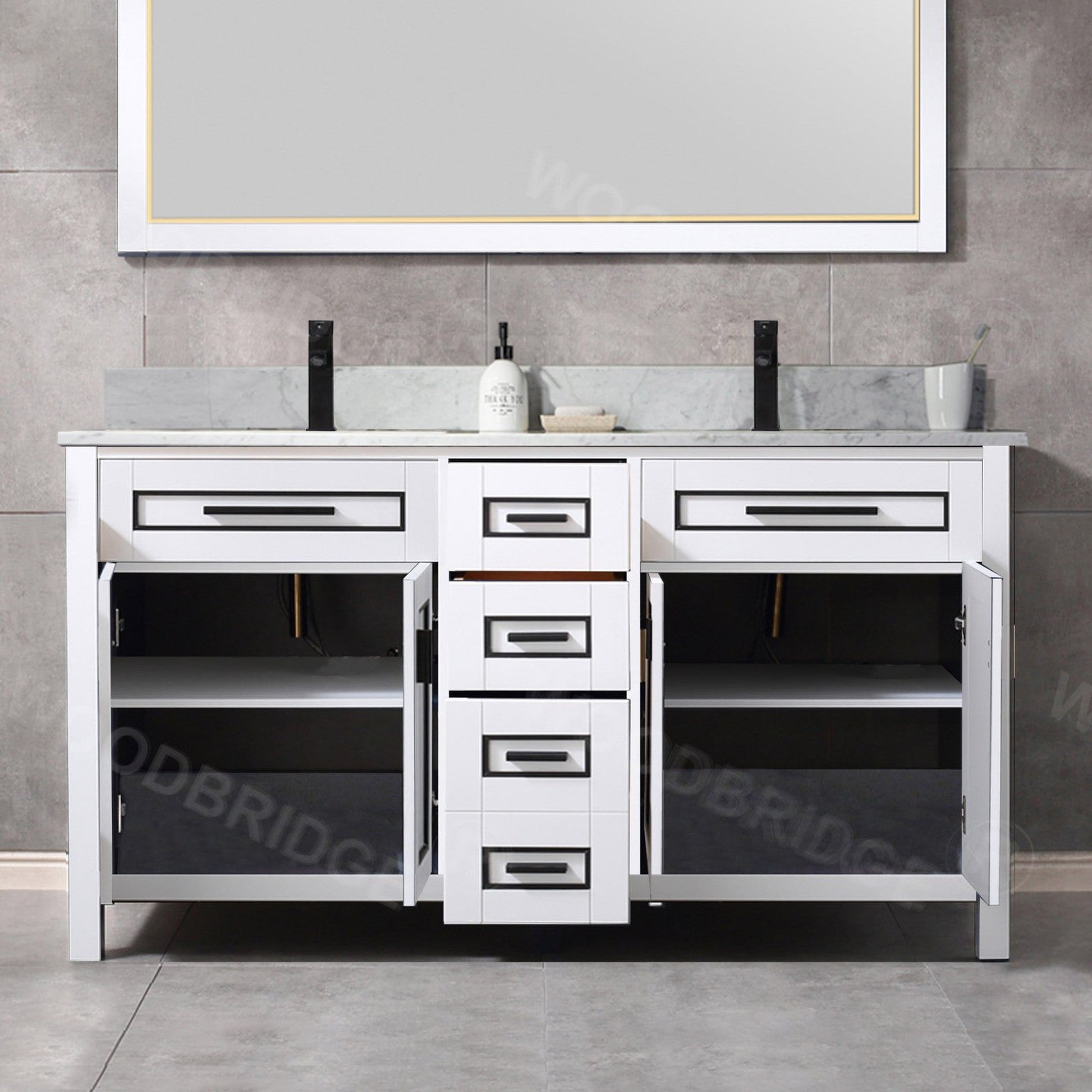 Woodbridge Milan 61" White Solid Wood Vanity Base and Carrara White Marble Top, Single Basin With Pre-Drilled Single Faucet Hole