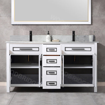 Woodbridge Milan 61" White Solid Wood Vanity Base and Carrara White Marble Top, Single Basin With Pre-Drilled Single Faucet Hole
