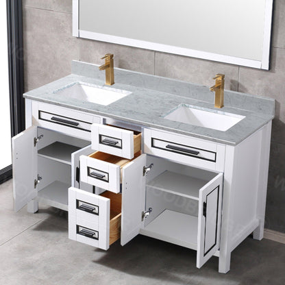 Woodbridge Milan 61" White Solid Wood Vanity Base and Carrara White Marble Top, Single Basin With Pre-Drilled Single Faucet Hole