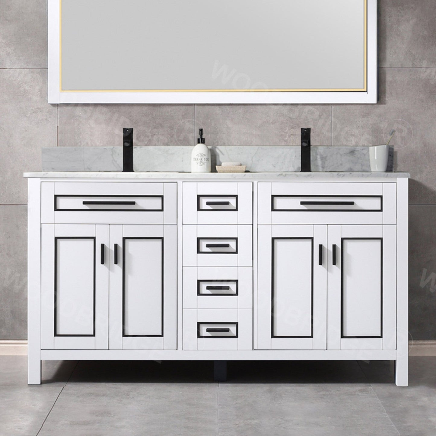Woodbridge Milan 61" White Solid Wood Vanity Base and Carrara White Marble Top, Single Basin With Pre-Drilled Single Faucet Hole