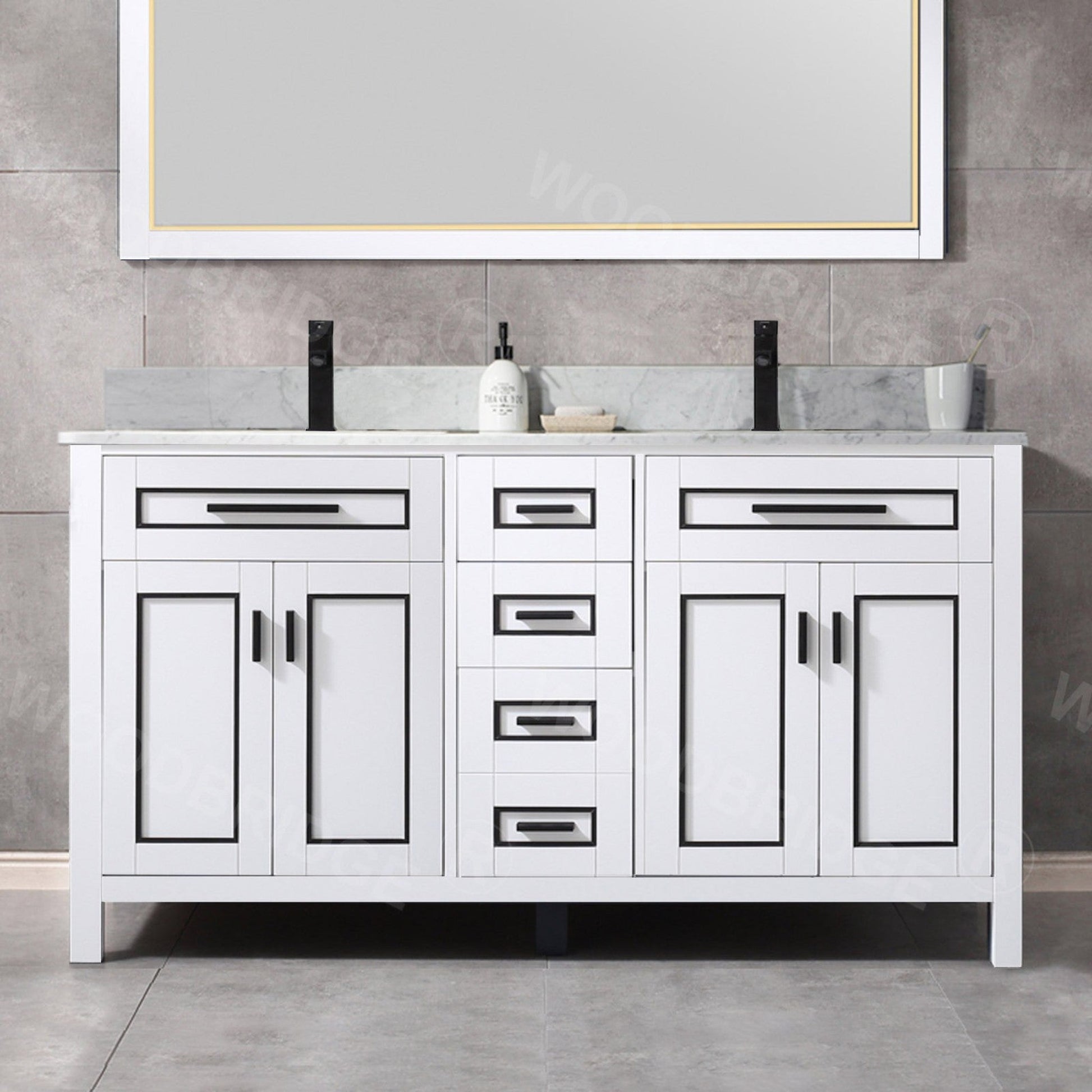 Woodbridge Milan 61" White Solid Wood Vanity Base and Carrara White Marble Top, Single Basin With Pre-Drilled Single Faucet Hole