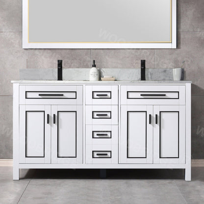 Woodbridge Milan 61" White Solid Wood Vanity Base and Carrara White Marble Top, Single Basin With Pre-Drilled Single Faucet Hole