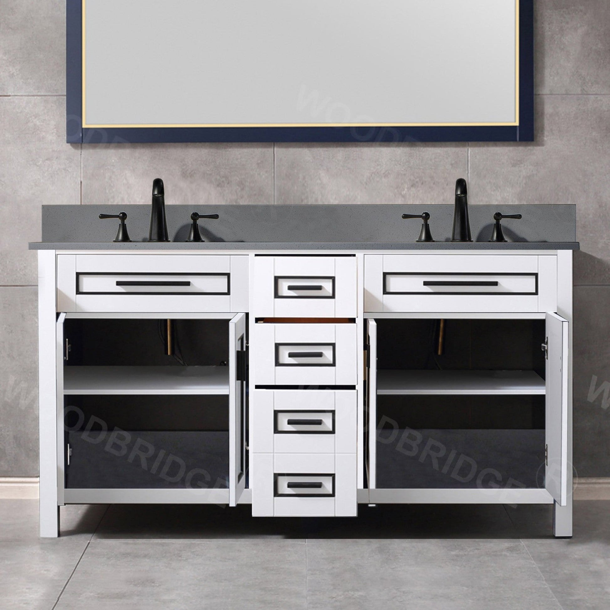 Woodbridge Milan 61" White Solid Wood Vanity Base and Dark Gray Engineered Stone Composite Top, Single Basin With Pre-Drilled 3-Hole for 4" Centerset Faucet