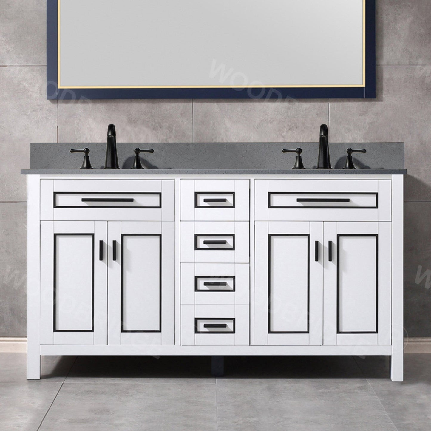 Woodbridge Milan 61" White Solid Wood Vanity Base and Dark Gray Engineered Stone Composite Top, Single Basin With Pre-Drilled 3-Hole for 4" Centerset Faucet