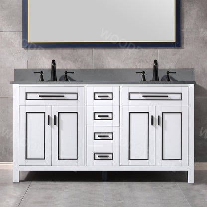 Woodbridge Milan 61" White Solid Wood Vanity Base and Dark Gray Engineered Stone Composite Top, Single Basin With Pre-Drilled 3-Hole for 4" Centerset Faucet