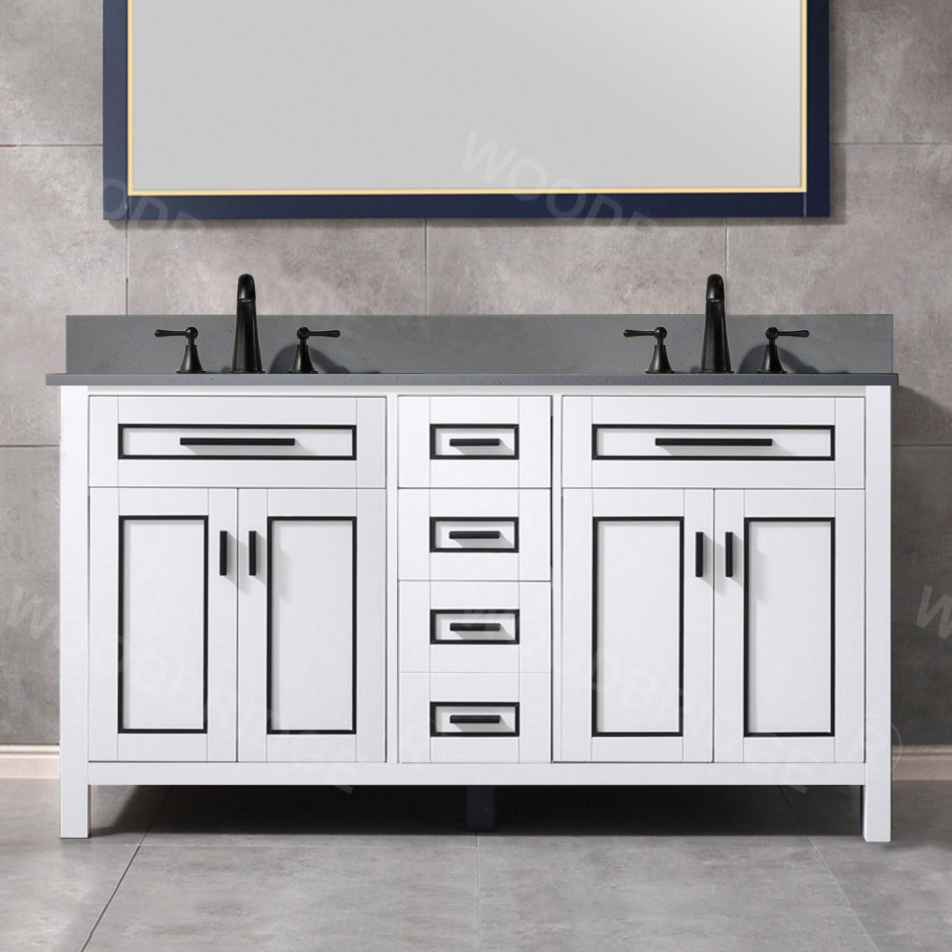 Woodbridge Milan 61" White Solid Wood Vanity Base and Dark Gray Engineered Stone Composite Top, Single Basin With Pre-Drilled 3-Hole for 8" Widespread Faucet