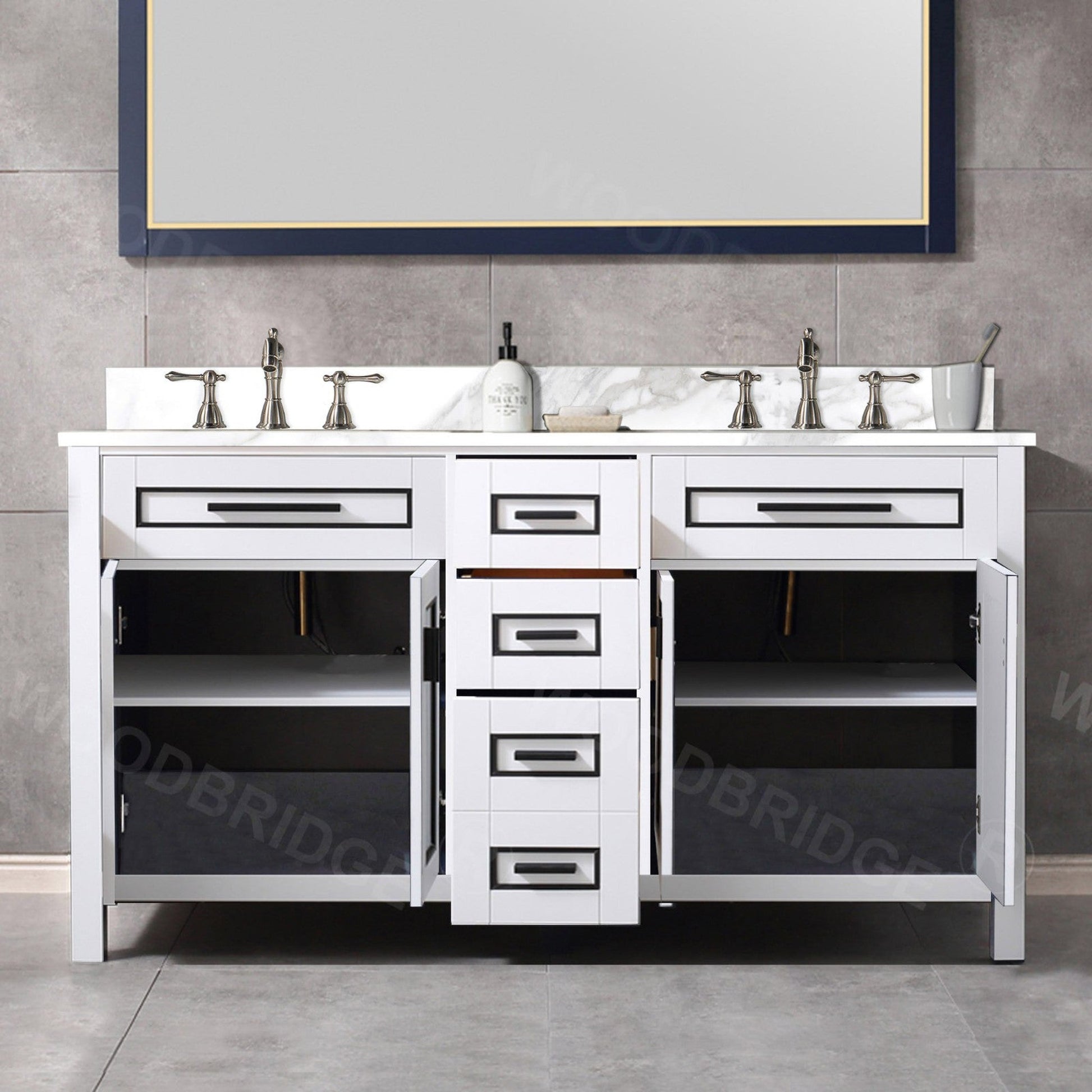 Woodbridge Milan 61" White Solid Wood Vanity Base and White Fish Belly Engineered Stone Composite Top, Single Basin With Pre-Drilled 3-Hole for 4" Centerset Faucet