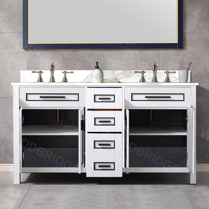 Woodbridge Milan 61" White Solid Wood Vanity Base and White Fish Belly Engineered Stone Composite Top, Single Basin With Pre-Drilled 3-Hole for 4" Centerset Faucet