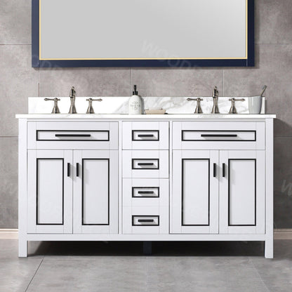 Woodbridge Milan 61" White Solid Wood Vanity Base and White Fish Belly Engineered Stone Composite Top, Single Basin With Pre-Drilled 3-Hole for 4" Centerset Faucet