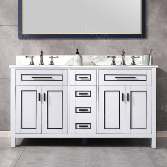 Woodbridge Milan 61" White Solid Wood Vanity Base and White Fish Belly Engineered Stone Composite Top, Single Basin With Pre-Drilled 3-Hole for 4" Centerset Faucet