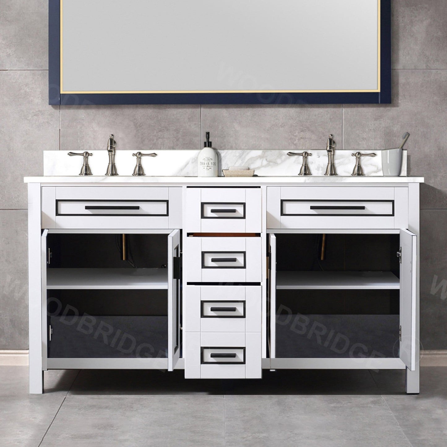 Woodbridge Milan 61" White Solid Wood Vanity Base and White Fish Belly Engineered Stone Composite Top, Single Basin With Pre-Drilled 3-Hole for 8" Widespread Faucet