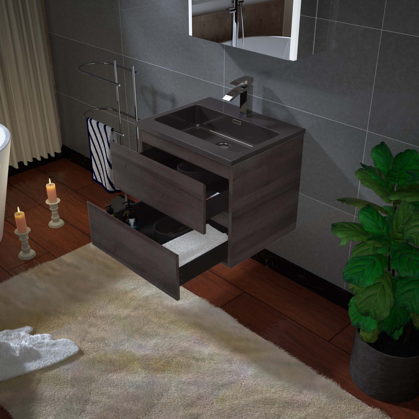 Woodbridge New Jersey Style 24" Gray Oak Vanity Base and Quartz Sand Composite Vanity Top With Integrated Sink
