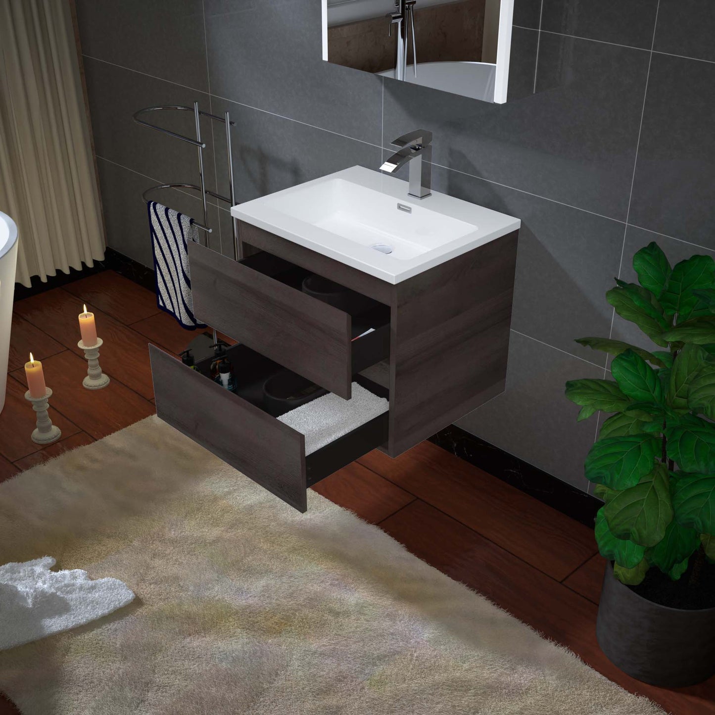 Woodbridge New Jersey Style 24" Gray Oak Vanity Base and White Resin Composite Vanity Top With Integrated Sink