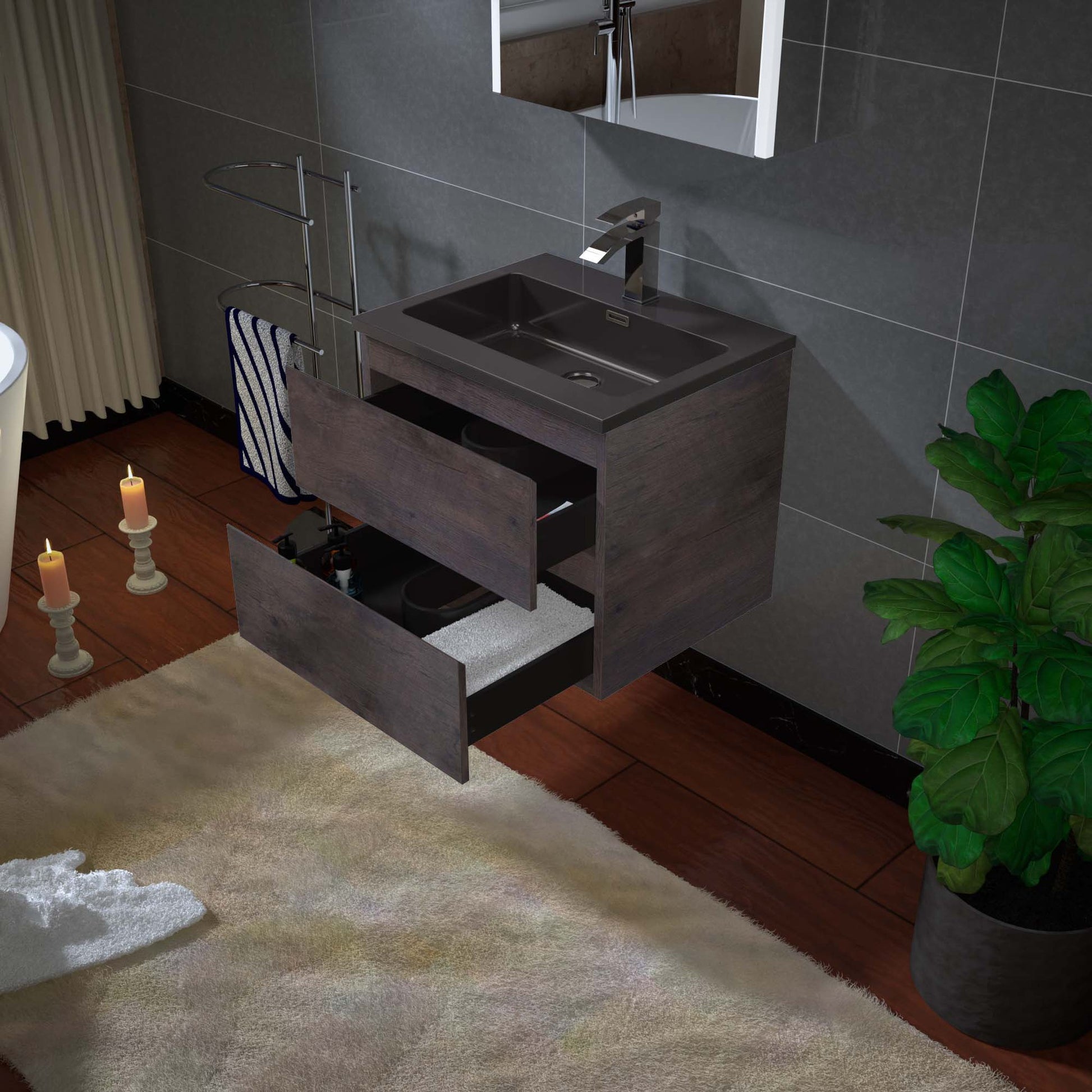 Woodbridge New Jersey Style 24" Rose Wood Vanity Base and Black Quartz Sand Composite Vanity Top With Integrated Sink