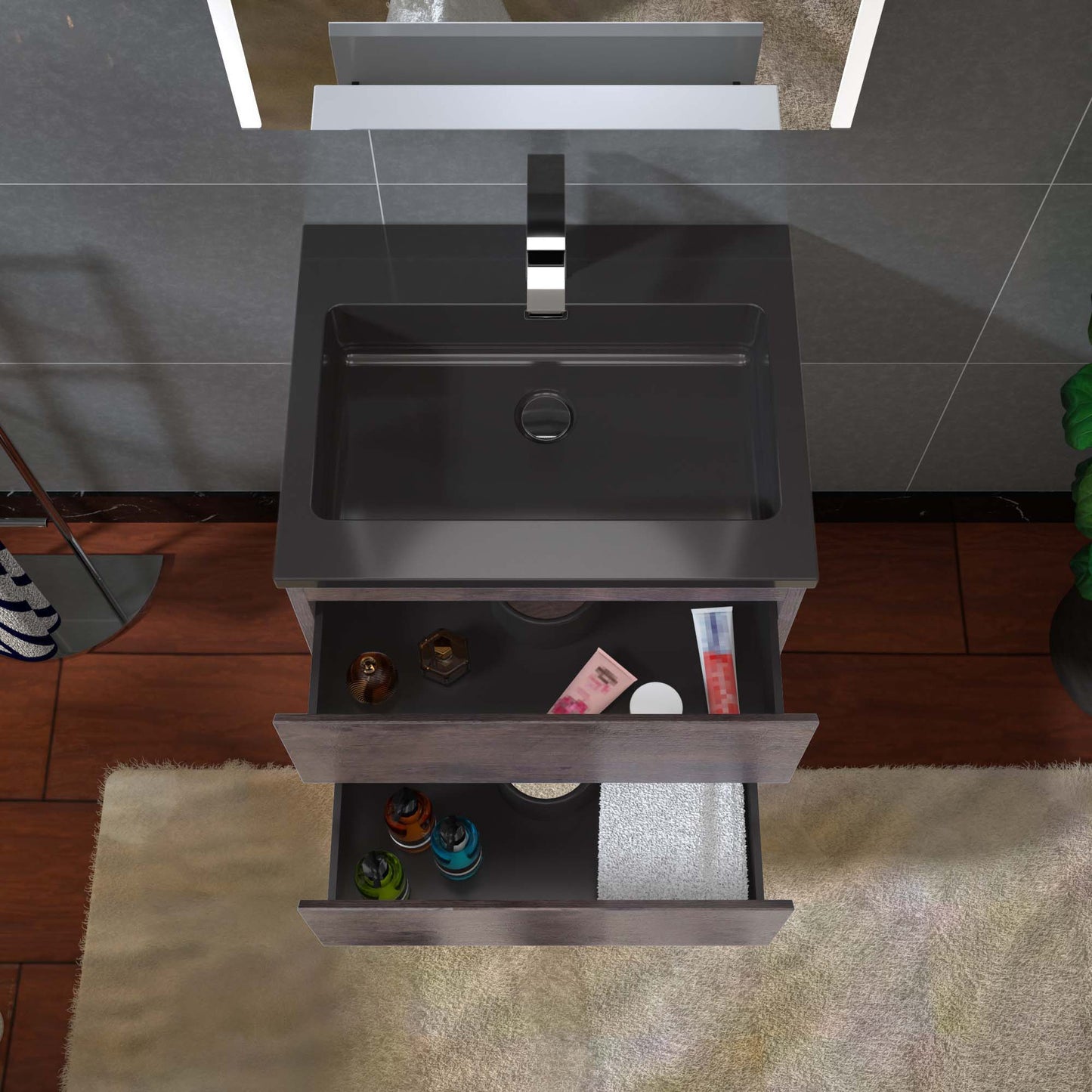 Woodbridge New Jersey Style 24" Rose Wood Vanity Base and Black Quartz Sand Composite Vanity Top With Integrated Sink
