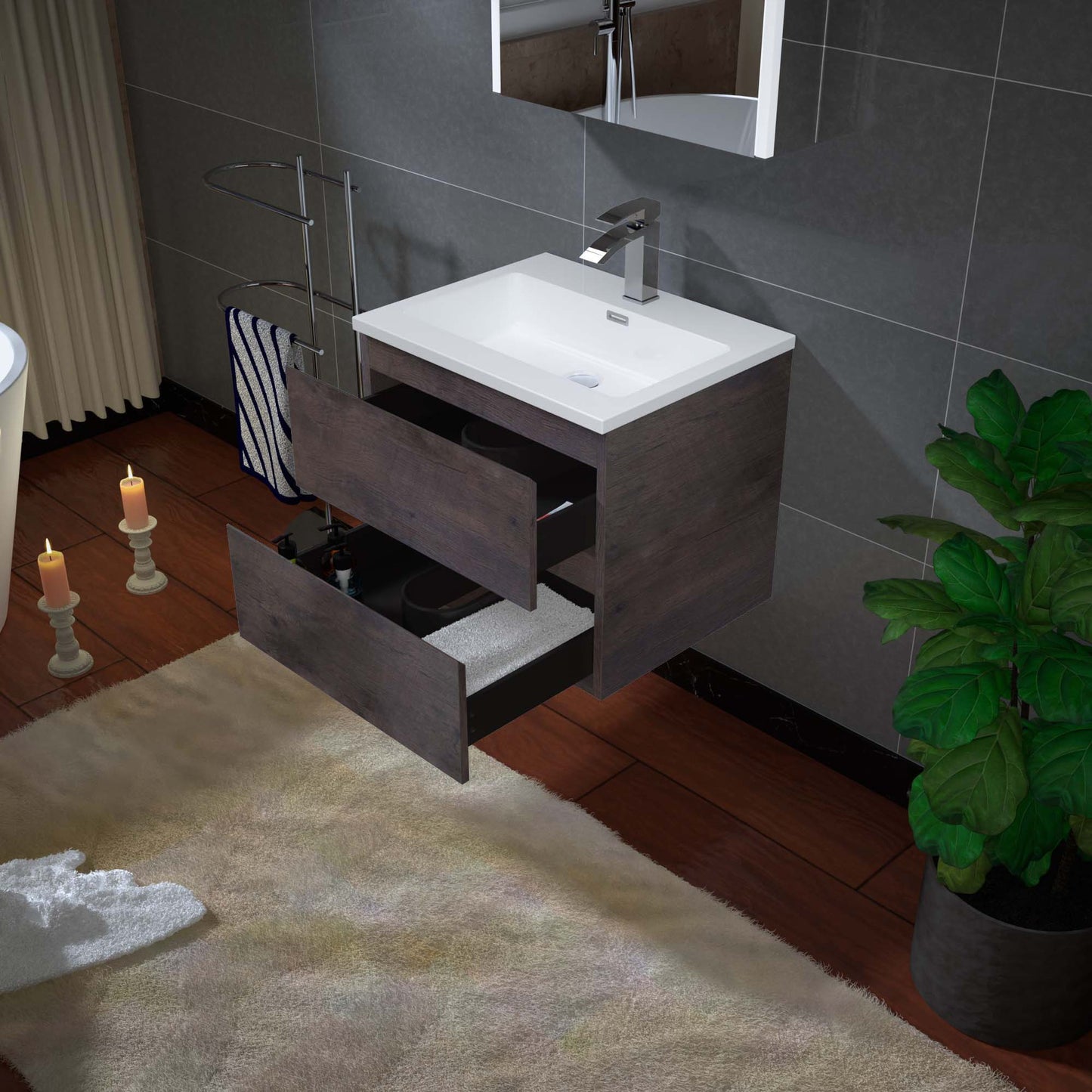 Woodbridge New Jersey Style 24" Rose Wood Vanity Base and White Resin Composite Vanity Top With Integrated Sink