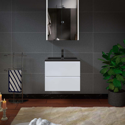 Woodbridge New Jersey Style 24" White High Gloss Vanity Base and Black Quartz Sand Composite Vanity Top With Integrated Sink