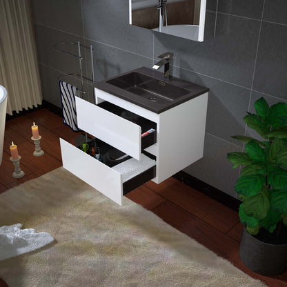 Woodbridge New Jersey Style 24" White High Gloss Vanity Base and Black Quartz Sand Composite Vanity Top With Integrated Sink