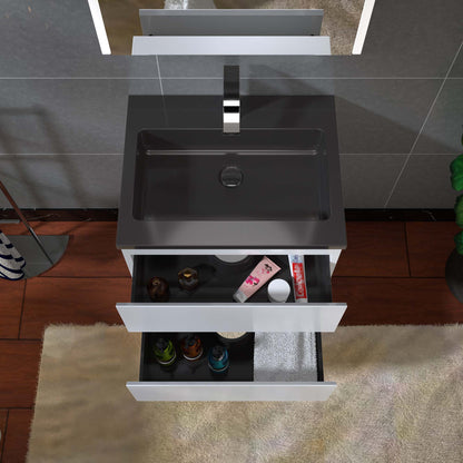 Woodbridge New Jersey Style 24" White High Gloss Vanity Base and Black Quartz Sand Composite Vanity Top With Integrated Sink