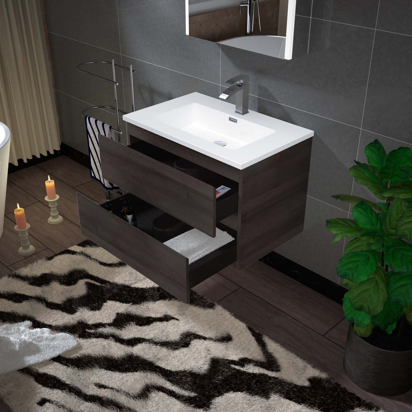 Woodbridge New Jersey Style 30" Gray Oak Vanity Base and White Resin Composite Vanity Top With Integrated Sink