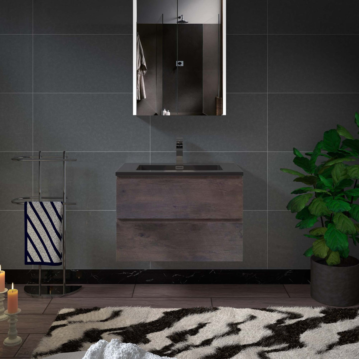 Woodbridge New Jersey Style 30" Rose Wood Vanity Base and Black Quartz Sand Composite Vanity Top With Integrated Sink