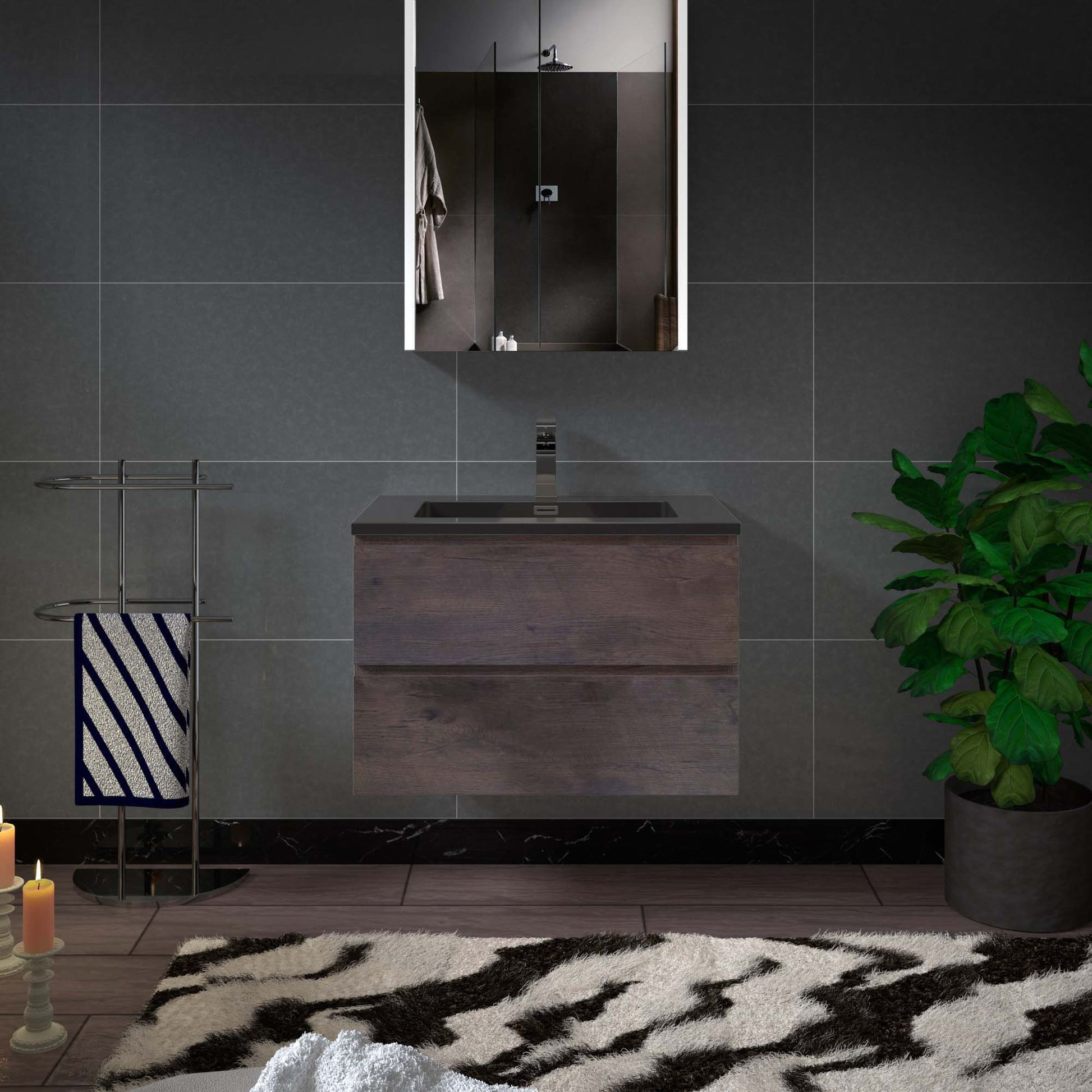 Woodbridge New Jersey Style 30" Rose Wood Vanity Base and Black Quartz Sand Composite Vanity Top With Integrated Sink