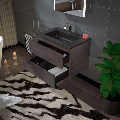 Woodbridge New Jersey Style 30" Rose Wood Vanity Base and Black Quartz Sand Composite Vanity Top With Integrated Sink
